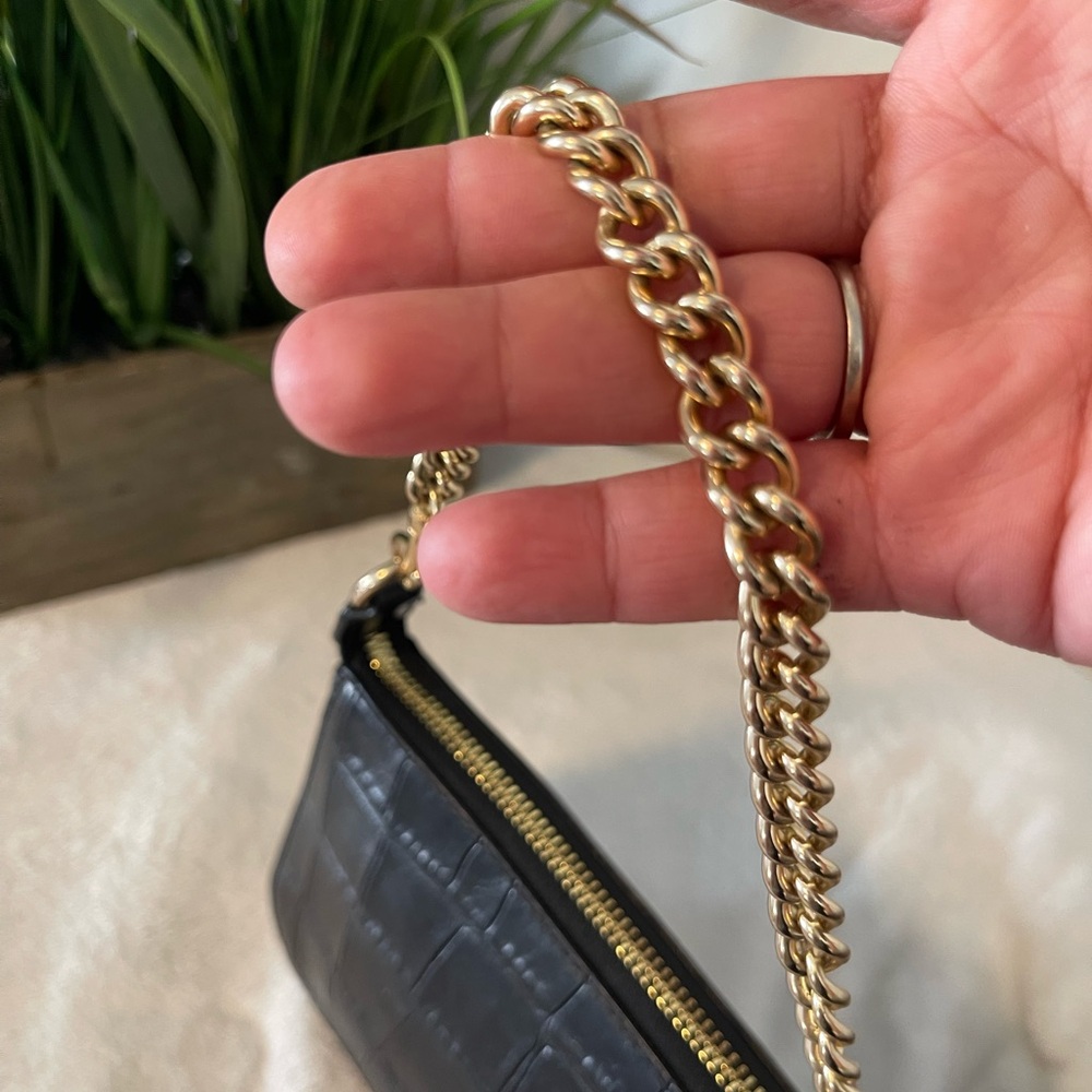 Coach Black Croc-Embossed Wristlet with Gold Chain - Picture 5 of 8